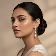 Woman wearing Silver Pearl Drop Danglers