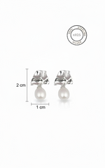 Silver earrings with pearls and measurement details on a white background