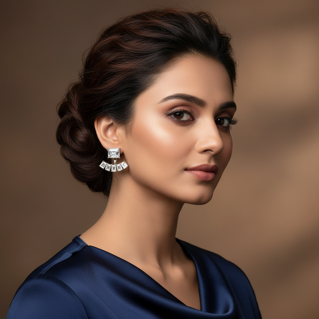 Woman wearing a Silver Radiant Duo Zircon Studs