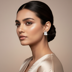Woman wearing 925 Sterling Silver Bow Emerald Cut Studs