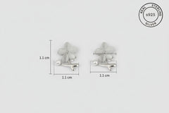 MOP Silver earrings with floral design on a white background, showing measurements and 'Real Sterling Silver' label.