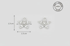 Star-shaped silver earrings with AAA+ CZ stones featuring 'Real Sterling Silver' label.