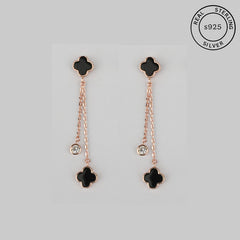 A pair of 925 sterling silver rose gold clover dangle earrings with dual-chain drops and zircon stones.