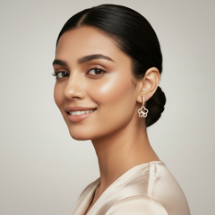 Woman wearing 925 Sterling Silver Rosegold Floral Hoop Dangles