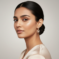 Woman wearing 925 Sterling Silver Rosegold Floral Hoop Dangles