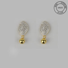 A pair of 925 sterling silver drop dangle earrings with gold leaf design and sparkling pavé accents, featuring a small rose gold-tone bead at the bottom.