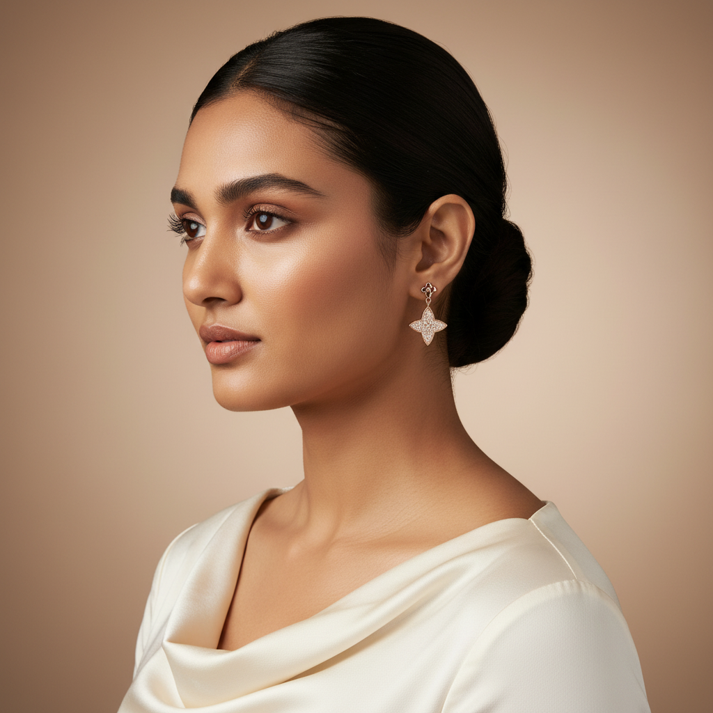 Woman wearing 925 Sterling Silver Rosegold Floral Dangles