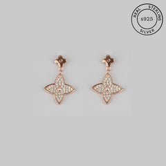 A pair of rose gold floral dangle earrings with zircon stones, crafted from 925 sterling silver.