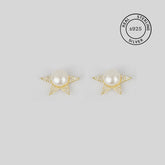 925 Sterling Silver Gold Celestial Pearl Star Studs