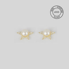 925 Sterling Silver Gold Celestial Pearl Star Studs