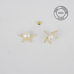 925 Sterling Silver Gold Celestial Pearl Star Studs