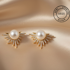 925 Sterling Silver Gold Sunlit Grace Pearl Studs
