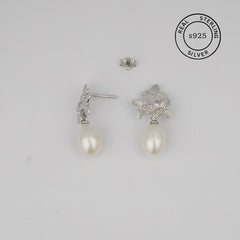 925 Sterling Silver Petal Grace Pearl Drop Earrings