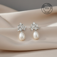 925 Sterling Silver Petal Grace Pearl Drop Earrings