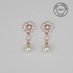 925 Sterling Silver Bloom Pearl Drop Earrings (Rosegold)