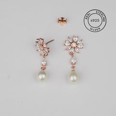925 Sterling Silver Bloom Pearl Drop Earrings (Rosegold)