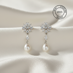 925 Sterling Silver Bloom Pearl Drop Earrings (Silver)