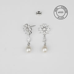 925 Sterling Silver Bloom Pearl Drop Earrings (Silver)