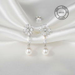 925 Sterling Silver Bloom Pearl Drop Earrings (Silver)
