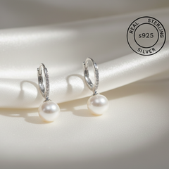925 Sterling Silver Pearl Hoop Earrings (Silver)