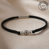 925 Sterling Silver Lotus Charm Black Thread Anklet