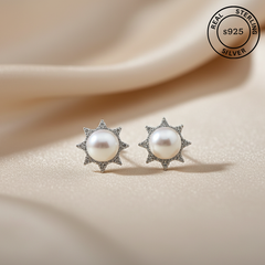 925 Sterling Silver Floral Pearl Studs