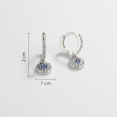 Two silver earrings with gemstones on a white background, accompanied by measurements.