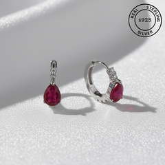 925 Sterling Silver Ruby Red Silver Hoops