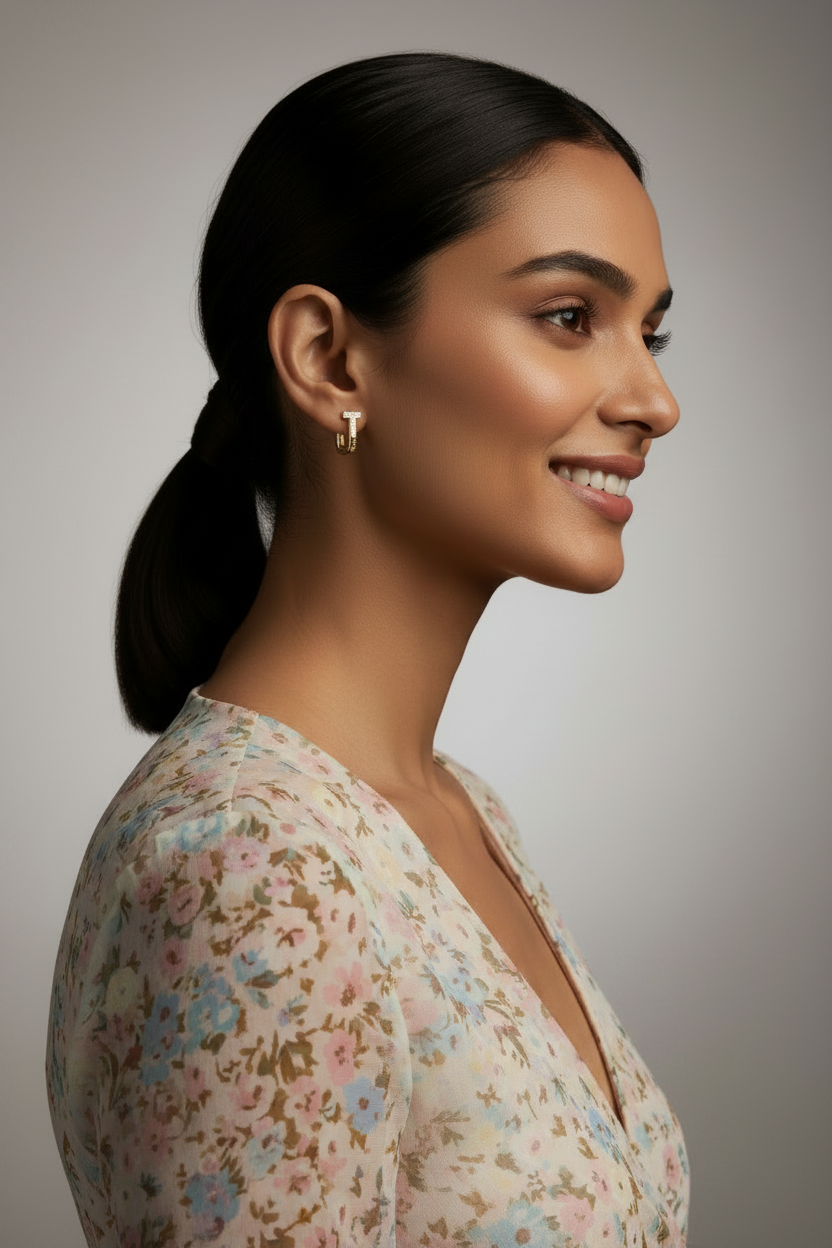 Woman wearing 925 Sterling Silver Blue Hoops