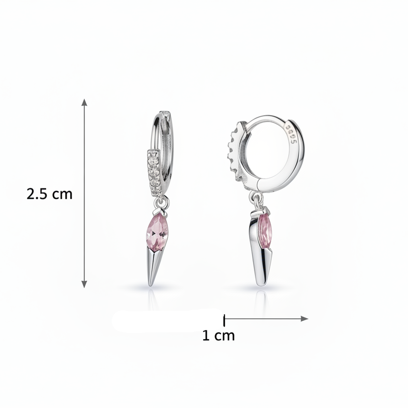 Silver hoop earrings with pink gemstones and measurements on a white background