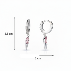 Silver hoop earrings with pink gemstones and measurements on a white background
