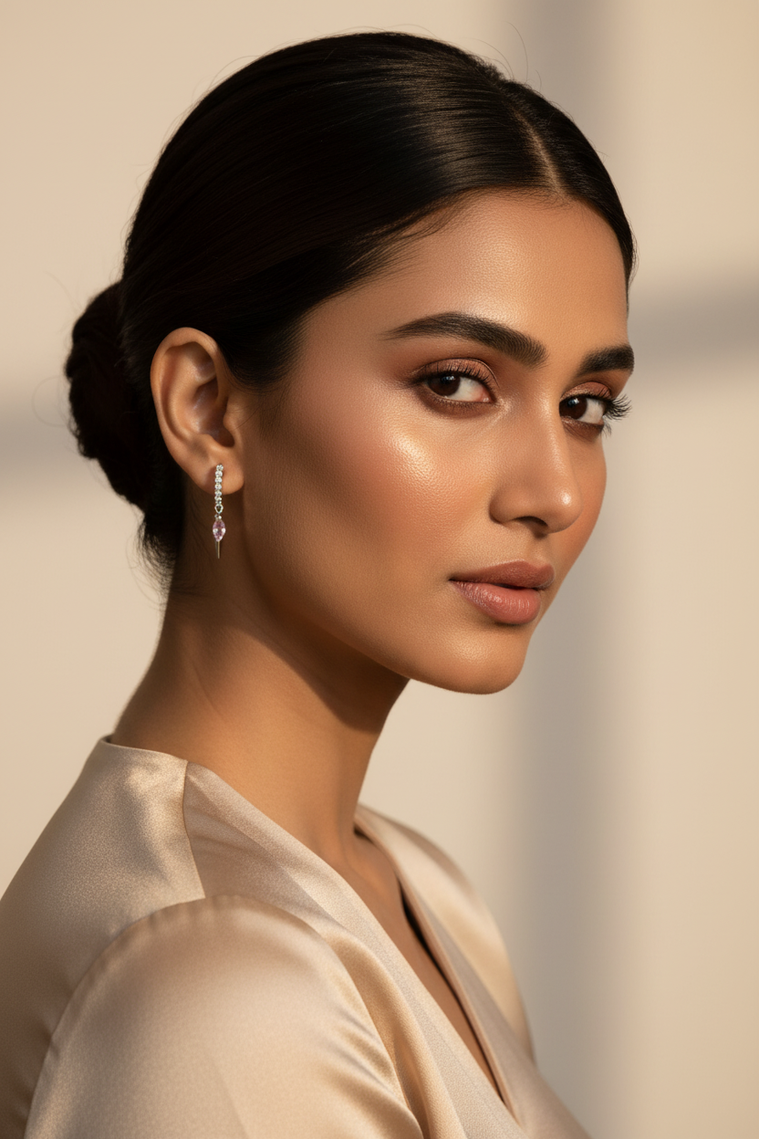 Woman wearing 925 Sterling Silver Blush Dagger Hoops