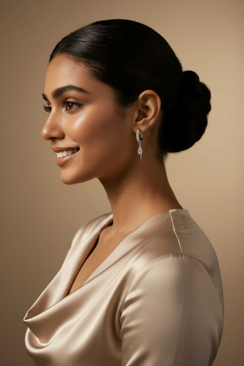 Woman wearing 925 Sterling Silver Crystal Dagger Hoops