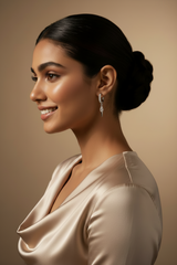 Woman wearing 925 Sterling Silver Crystal Dagger Hoops