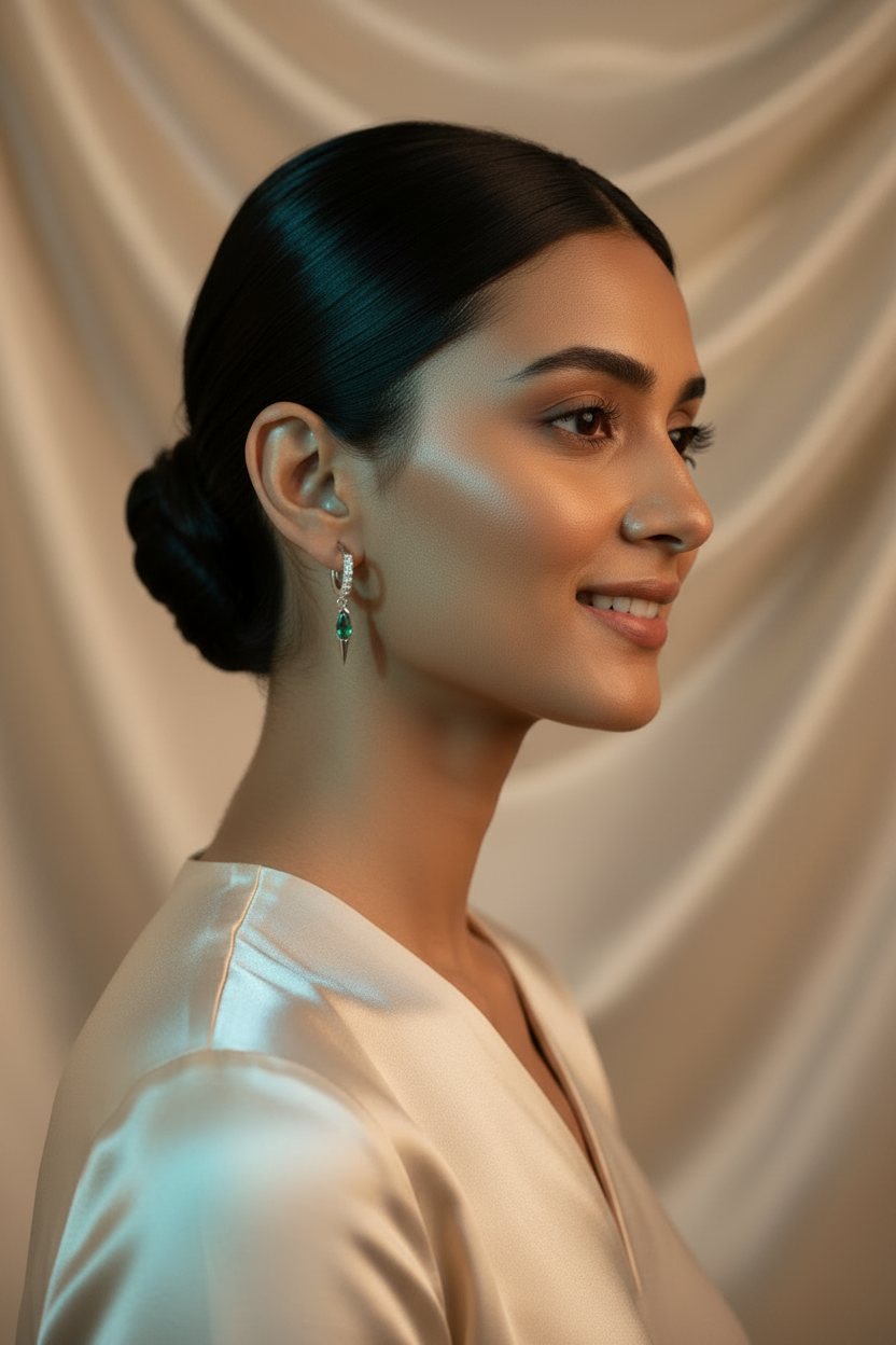 Woman wearing 925 Sterling Silver Emerald Dagger Hoops
