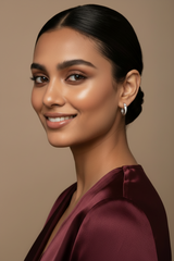 Woman wearing a burgundy top 925 with Sterling Silver Hoop Earrings