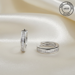 925 Sterling Silver Baguette Crystal Huggie Hoop Earrings
