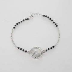 925 Sterling Silver Swan Black Bead Bracelet with black beads and silver clasp on a light gray background