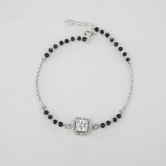 925 Sterling Silver Princess Cut Black Bead Bracelet
