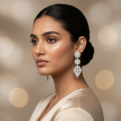 Woman wearing elegant earrings Silver Nature's Elegance Dangles