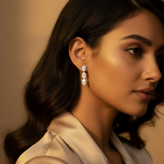 Close-up of a woman wearing Silver Sleek Zircon Dangles