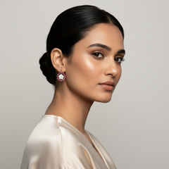 Woman wearing Rosegold Rani Pink Floral Earrings