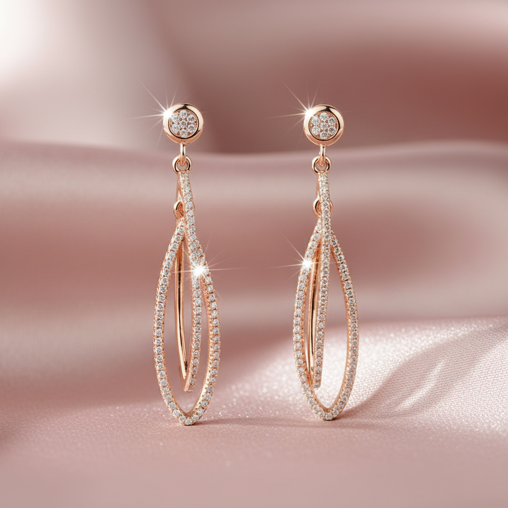 925 Sterling Silver Rose gold danglers with clear gemstones