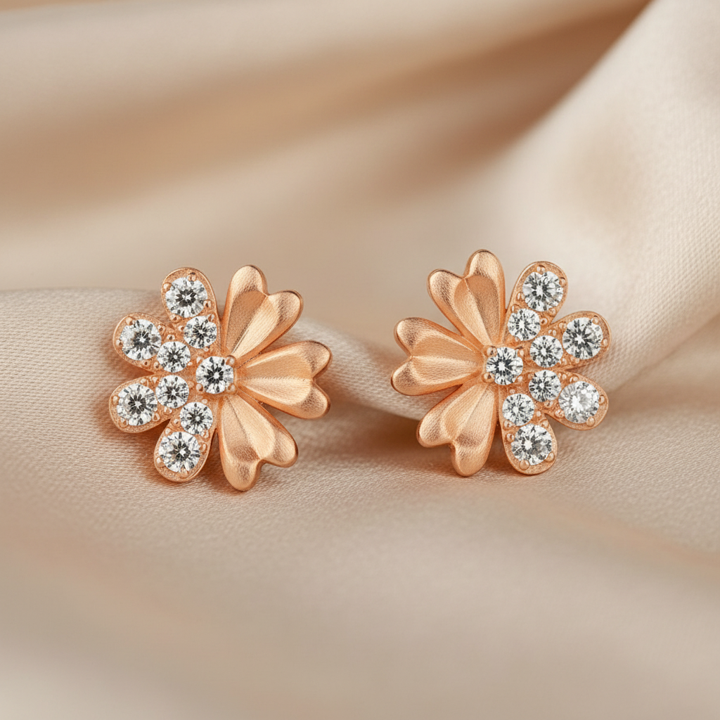 Rose gold flower-shaped earrings with clear gemstones