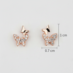 Rose gold butterfly earrings with clear gemstones and size measurement