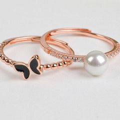 925 Sterling Silver Enchanting Duo Pearl and Black Butterfly Stack Rings
