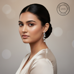 Woman wearing a pair of earrings Silver Floral Fusion Danglers