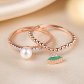 925 Sterling Silver Pearl & Green Charm Stack Rings