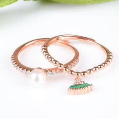 925 Sterling Silver Pearl & Green Charm Stack Rings