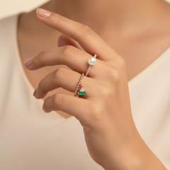 925 Sterling Silver Pearl & Green Charm Stack Rings